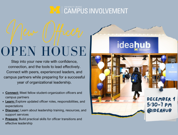 An informational flyer for the "New Officer OPEN HOUSE" presented by University Unions Campus Involvement advertises an event on December 1 from 5:30–7 PM @IDEAHUB, featuring details on connecting with student officers and campus partners, learning officer roles, discovering resources, and building practical leadership skills, accompanied by a photo of the IdeaHub entrance decorated with balloons.
