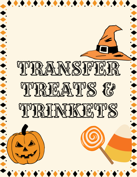 Flyer for Transfer Treats & Trinkets event with orange and black details, graphics of candy, a jack-o-lantern, and a witches hat.