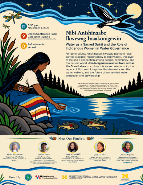 Drawing of woman at riverbank interacting with river and flora and fauna. Features cattails, pines, fish, rocks, grasses, plus a duck and dragonfly.