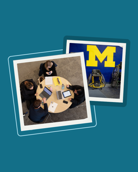 Two overlapping photos, one of a group of students studying at a table and the second is wheelchair