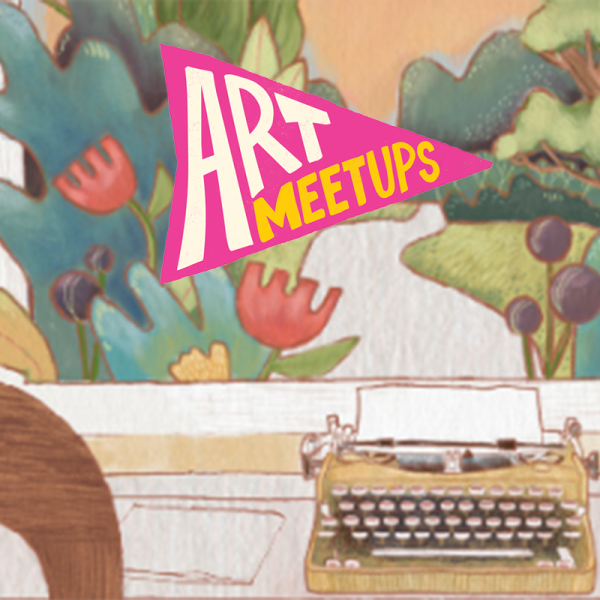 A typewriter with a pink flag that says "Art Meetup"