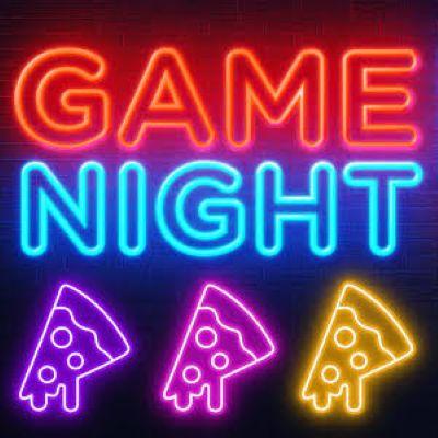 A glowing neon sign displaying the words GAME NIGHT above three neon pizza slices.