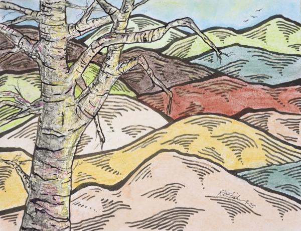 A tree is in the front left of the image, and is surrounded by curved hills in pink, yellow, red, blue, and green. There are lines on each of the hills.