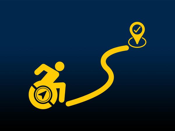 A wheelchair user with a compass travels down a winding path to a destination marked with a check