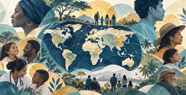 a graphic illustration depicting a diverse group of people in different international settings