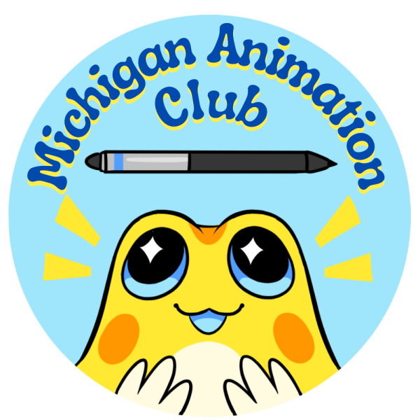 A cyan cirle with the text "Michigan Animation Club" arching inside the circle. A cartoon orange and yellow frog is placed in the center with a drawing pen floating above its head.