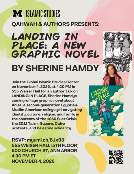 Flyer for "Landing in Place: A New Graphic Novel by Sherine Hamdy," hosted by Qahwah & Authors and the Global Islamic Studies Center. The event takes place November 4, 2026, at 4:30 PM ET in 555 Weiser Hall (5th Floor). Includes a portrait of author Sherine Hamdy, the book cover illustration, graphic novel panels with Arabic text, and a QR code with RSVP link myumi.ch/8Jx93.