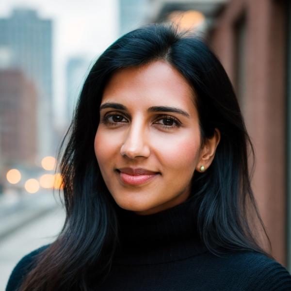 A professional headshot of Sunita Sah, a woman with long dark hair and brown eyes, wearing a black turtleneck sweater against an outdoor urban background.