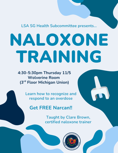 Promotional graphic with blue background, blue title text saying "Naloxone Training", caption with date and details, plus a graphic of Narcan.