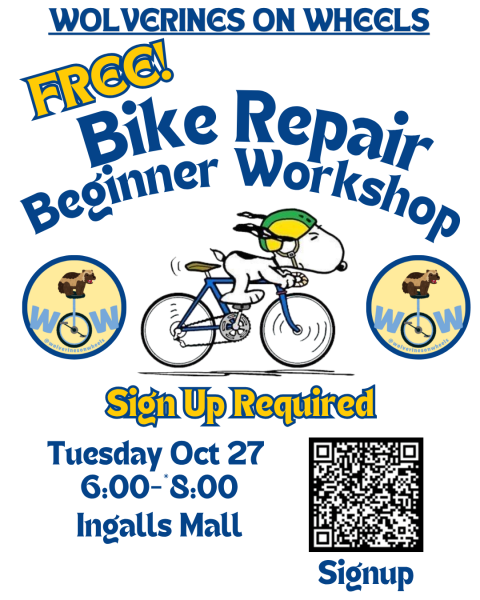 Flyer for Wolverines on Wheels' beginner bike workshop, featuring snoopy riding a bike.