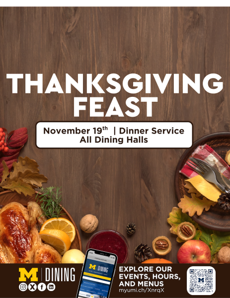Thanksgiving flyer featuring turkey, cranberry sauce, and a fall setting