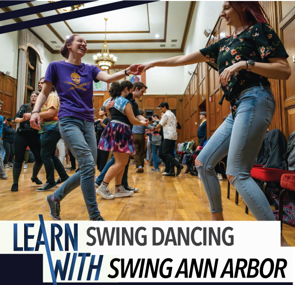 A room full of people swing dancing, a couple in the front dances together. Text: Learn Swing Dancing with Swing Ann Arbor