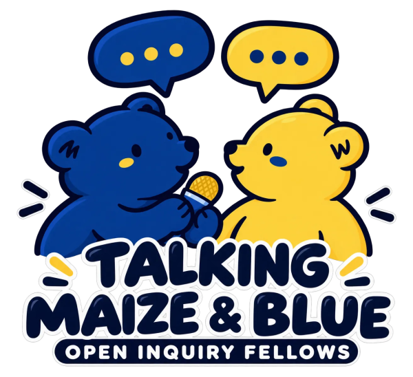 A blue bear and yellow bear representing dialogue between two individuals. Text says "Talking Maize & Blue: Open Inquiry Fellows"