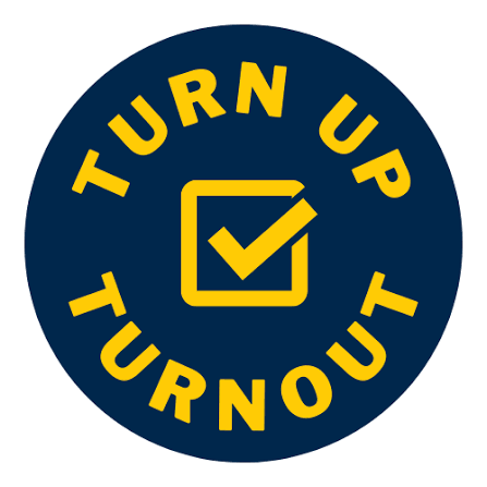 Turn Up Turnout Logo. A blue circle with the words Turn Up Turnout on the edge of the circle in yellow and a yellow circle with a blue check mark in the middle of the circle.