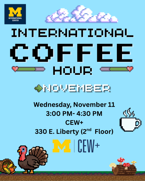 Picture shows event details on a blue background. Graphics are in the style of Minecraft and include a pixelated coffee cup, turkey, and log with mushrooms on it