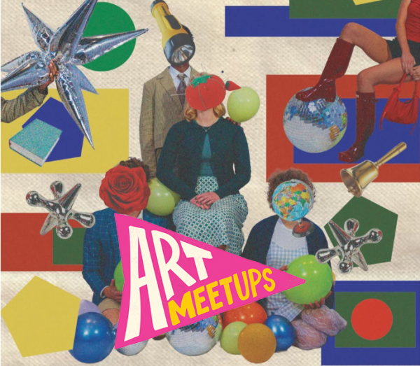 An illustration of a group of people with their faces covered by objects, a pink flag is in the foreground which says "Art Meetups"