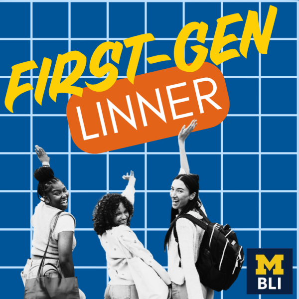 blue grid background with 3 students in a black and white image raising an arm to the text First-Gen Linner