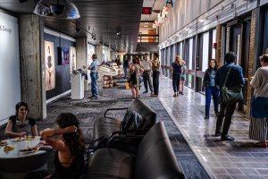 Visitors queue up in the Art &amp; Architecture building to view student work in the 2025 IP Exhibition