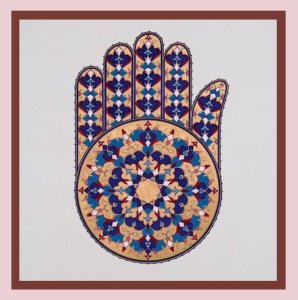 "Panjtan" by Behnaz Karjoo. An intricate Hamsa-shaped illumination featuring traditional blue and gold Islamic geometric patterns and a central mandala-like rosette.
