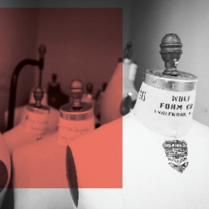 Several dress forms in the SMTD Costume Shop, with part of the image tinted red for a bold, creative effect.