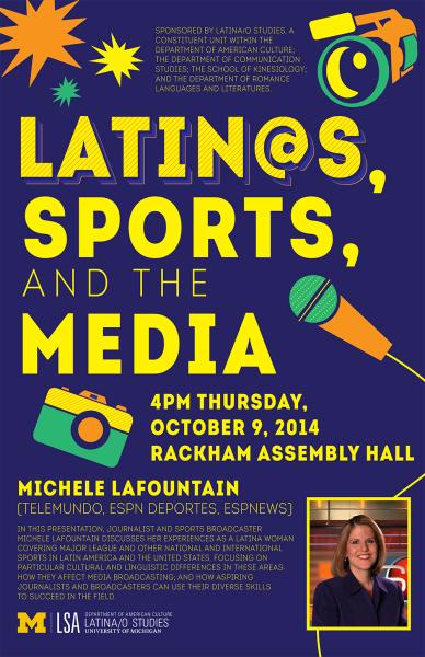 Purple poster with various media items (cameras, mic) and photo of Ms. LaFountai