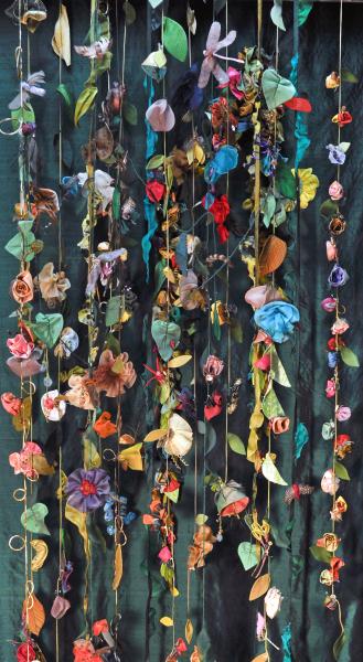 Earthly Paradise, textile, beads, wire, feathers and findings