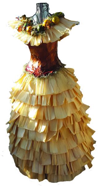 Corn husk dress made from leaves, Spanish moss, gourds, and corn husks