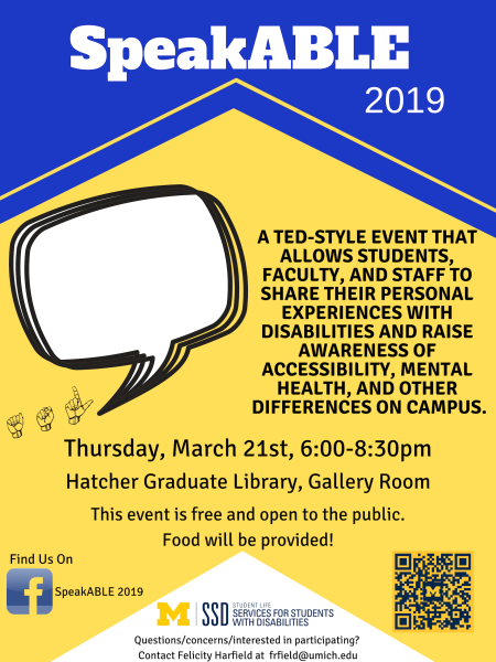 Flyer for SpeakABLE 2019 with speech talk bubble and ASL sign language hand motions for images