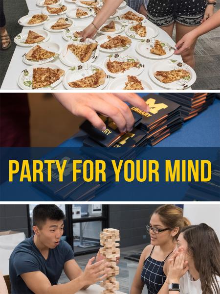 Collage of images: table with plates of pizza, hands grabbing post it notes with M Library logo, and 3 students playing jenga