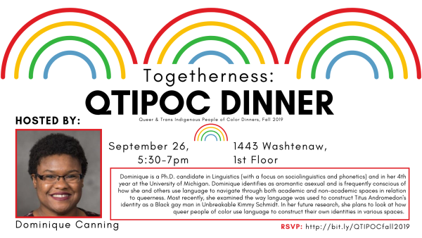 The date, time, and location of September's Togetherness Dinner. Additionally, there is a shortened version of Dominique's "about" and a picture of her. Dominique is a Black woman with glasses and short, springy hair. She is smiling at the camera.