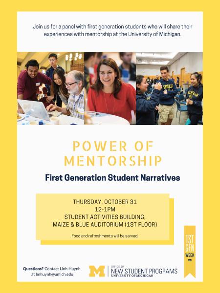 Flier for the program. It includes images of first-generation students as well as event details.