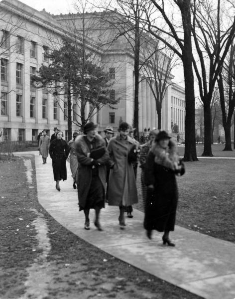 Students leaving classes at Angell Hall, 1935 - Michiganensian