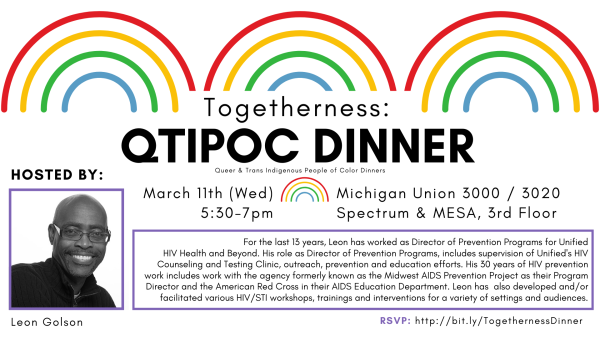 March's Togetherness: QTIPOC Dinner will be hosted by Leon. A black-and-white headshot of Leon is included. Leon is a bald Black man with glasses. He is smiling widely.