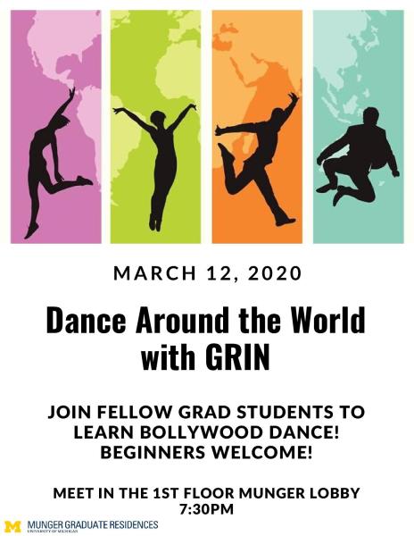Black human figures performing dance moves in front of colored global map.
