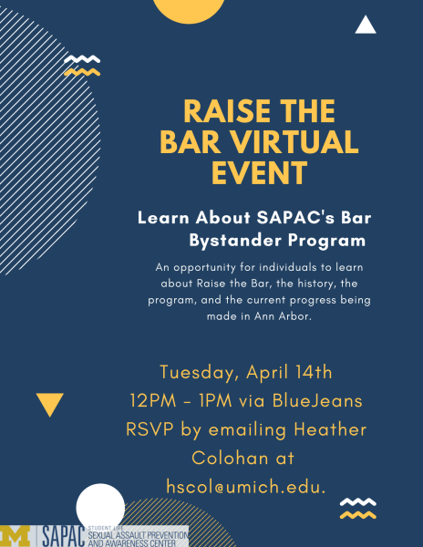 Raise the Bar Virtual Event. April 14th 12-1pm. Email hscol@umich.edu for link to join.