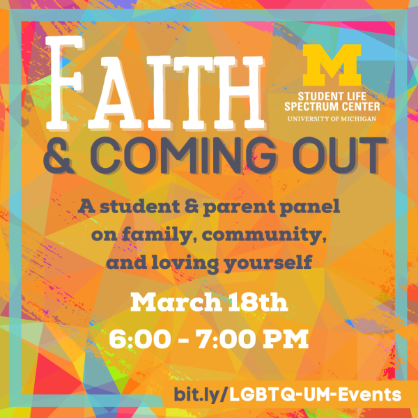 Event information against a multicolored background reminicent of stained glass.