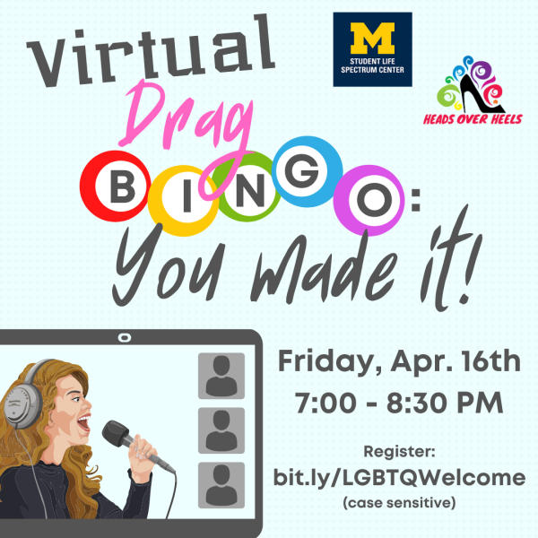 Event information including Spectrum Center and Heads Over Heels logos. There's an illustration of a drag queen wearing headphones and speaking into a mic on a laptop screen.