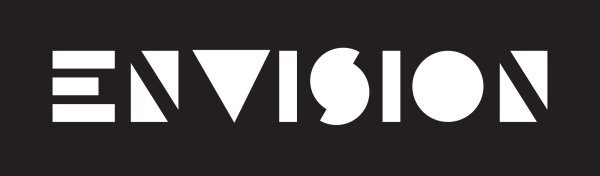 Stylized text spells out Envision in white capital letters on black background