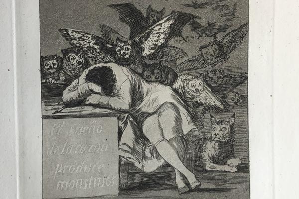 Detail from ”The Dream of Reason Produces Monsters,” one of Los Caprichos, a collection of 80 aquatints by Francisco de Goya y Lucientes. Madrid: Calcografía Nacional, 1881-1886.