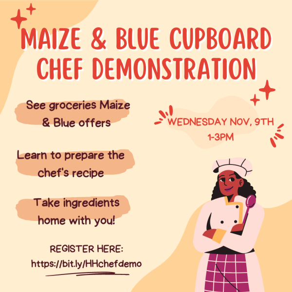 yellow background with red text featuring a woman with medium brown skin in chef attire