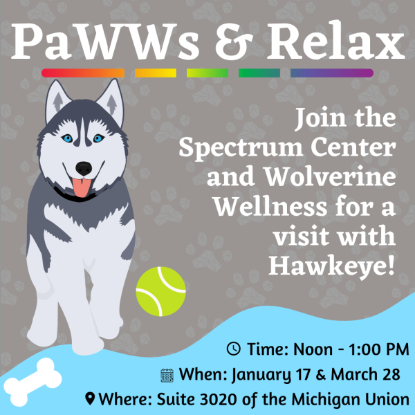 Paws and Relax is coming to the Spectrum Center from noon to 1 PM on January 17th and March 28th.