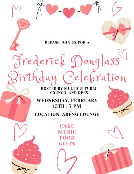 Pink gift boxes, keys, cupcakes, and hearts on white background. Text details event plans.