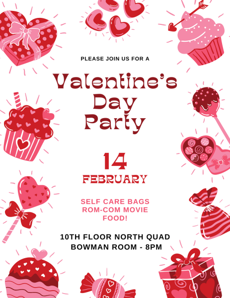 Text includes details of event. White background with pink and red cupcakes, heart-shaped lollipops, presents, and hearts