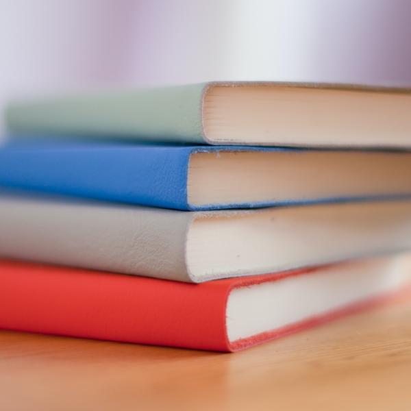 stack of 4 books on wooden table (Photo by Hope House Press - Leather Diary Studio)