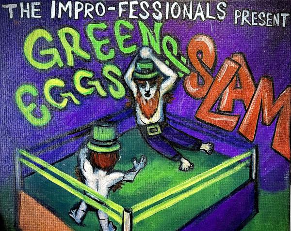 purple background, with two leprechauns facing each other in a boxing ring fighting