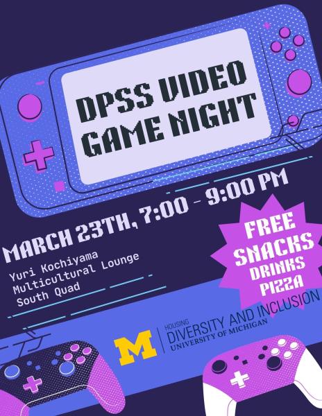purple background, blue gamepad, two game controllers, text details event information.