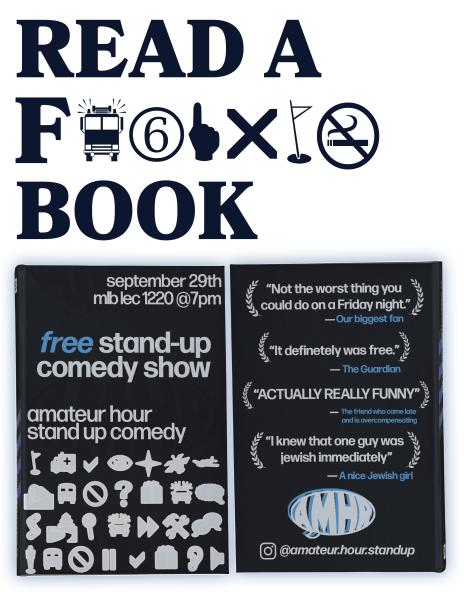 Our flier says READ A FREAKING (styling with webdings next to the F) BOOK and below that is a fake book containing our show information and club logo.