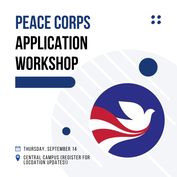 White graphic that reads Peace Corps Application Workshop. The imagine also includes the Peace Corps logo.