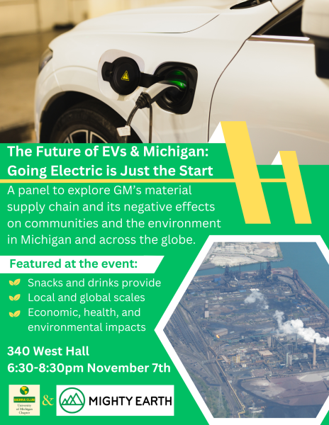 Flier depicting an electric vehicle and the auto-industry in Dearborn, Michigan. Time and date of event (November 7th, 6:30-8:30PM) are noted. Snacks and beverages will be provided:)