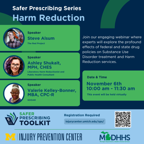 Safer Prescribing Series: Harm Reduction graphic, containing speaker headshots